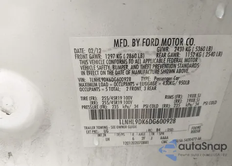 2013 Lincoln Mks z USA, uszkodzony, nr VIN 1LNHL9DK6DG600928